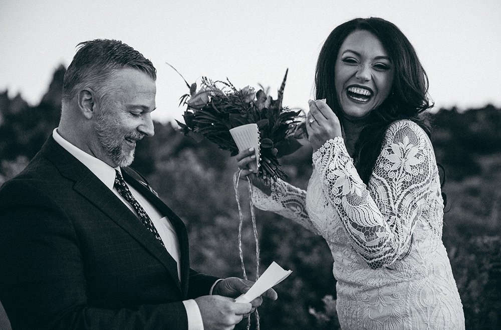 garden of the gods sunrise  elopement written vows laughing